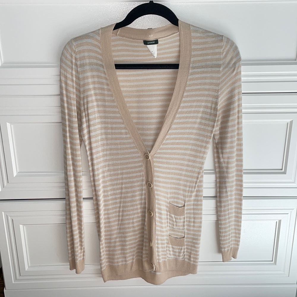 J. Crew Beige and White Striped Lightweight Cardigan